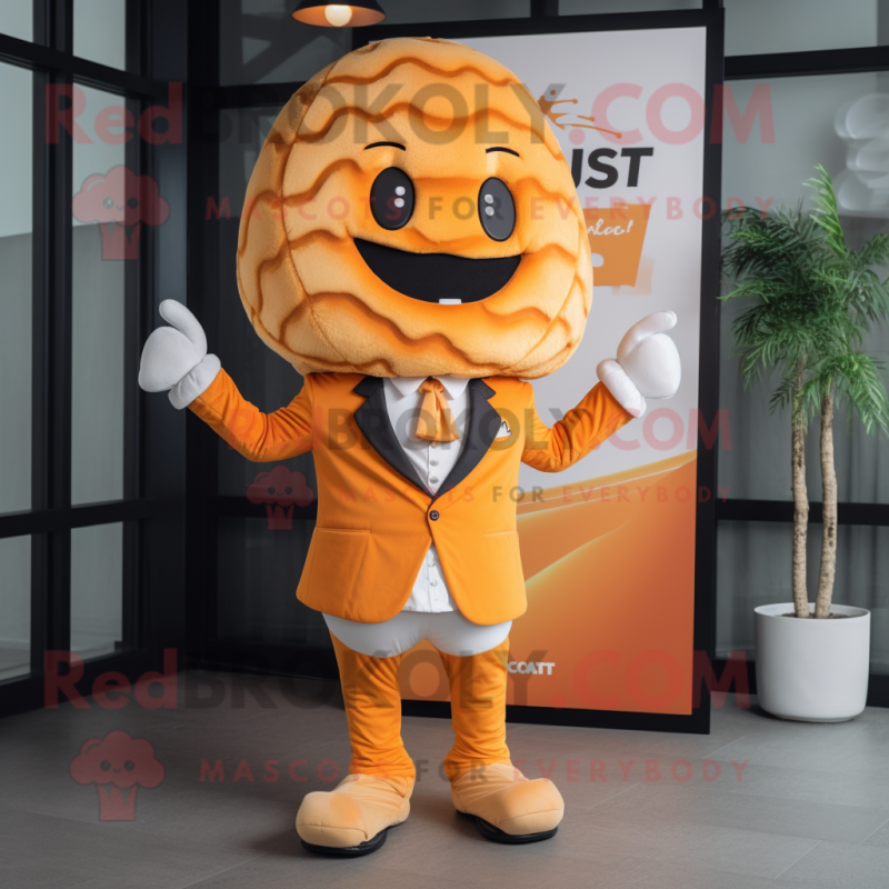 Orange Croissant mascot costume character dressed with a Suit and Lapel pins