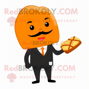 Orange Croissant mascot costume character dressed with a Suit and Lapel pins