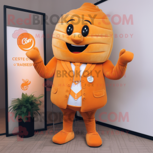 Orange Croissant mascot costume character dressed with a Suit and Lapel pins