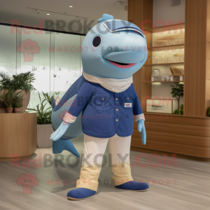 Tan Blue Whale mascot costume character dressed with a Henley Shirt and Anklets