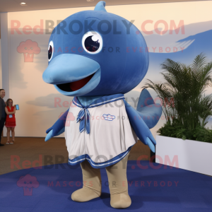 Tan Blue Whale mascot costume character dressed with a Henley Shirt and Anklets