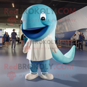 Tan Blue Whale mascot costume character dressed with a Henley Shirt and Anklets