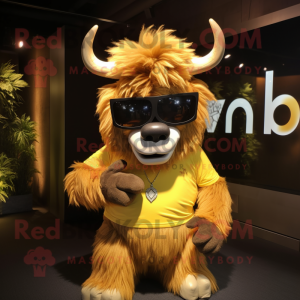 Gold Yak mascot costume character dressed with a Henley Shirt and Sunglasses