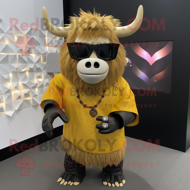 Gold Yak mascot costume character dressed with a Henley Shirt and Sunglasses Gold Yak mascot costume character dressed with a Henley Shirt and Sunglasses