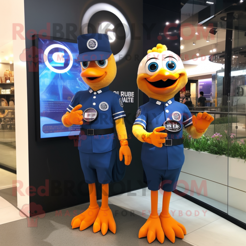 Navy Butter Chicken mascot costume character dressed with a Sheath Dress and Smartwatches Navy Butter Chicken mascot costume character dressed with a Sheath Dress and Smartwatches