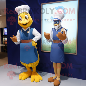 Navy Butter Chicken mascot costume character dressed with a Sheath Dress and Smartwatches