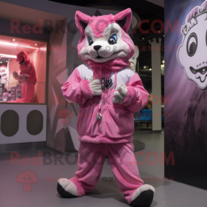 Pink Say Wolf mascot costume character dressed with a Hoodie and Foot pads