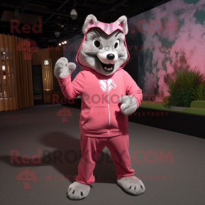 Pink Say Wolf mascot costume character dressed with a Hoodie and Foot pads