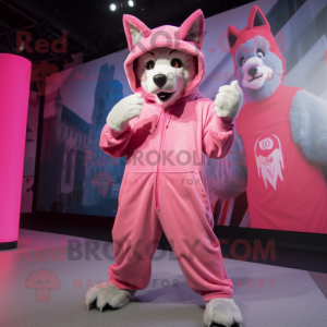 Pink Say Wolf mascot costume character dressed with a Hoodie and Foot pads