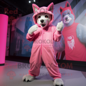 Pink Say Wolf mascot costume character dressed with a Hoodie and Foot pads