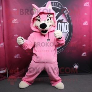 Pink Say Wolf mascot costume character dressed with a Hoodie and Foot pads