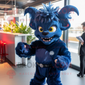 Navy Demon mascot costume character dressed with a Playsuit and Hair clips