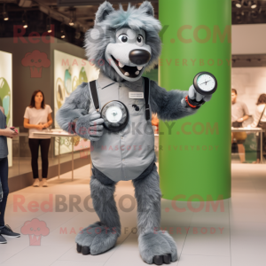 Gray Dog mascot costume character dressed with a Skinny Jeans and Smartwatches