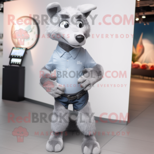 Gray Dog mascot costume character dressed with a Skinny Jeans and Smartwatches