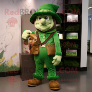 Olive Leprechaun Hat mascot costume character dressed with a Jumpsuit and Wallets