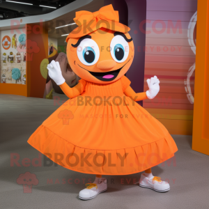 Orange Momentum mascot costume character dressed with a Maxi Skirt and Shoe laces