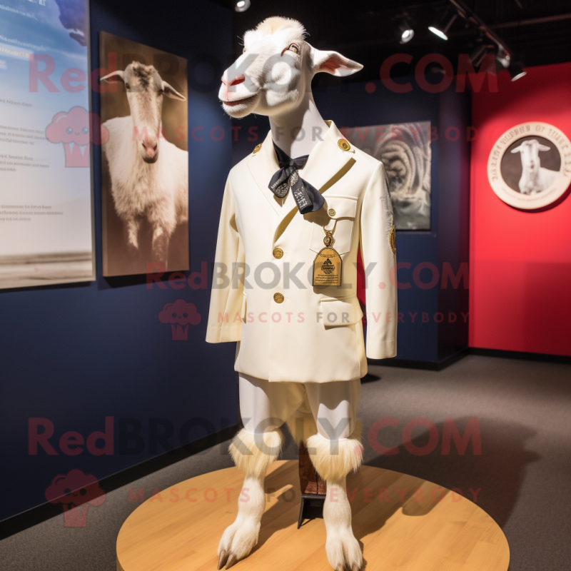 Cream Boer Goat mascot costume character dressed with a Sheath Dress and Lapel pins Cream Boer Goat mascot costume character dressed with a Sheath Dress and Lapel pins