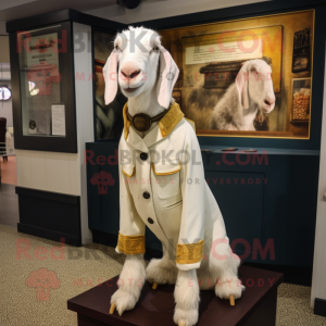 Cream Boer Goat mascot costume character dressed with a Sheath Dress and Lapel pins