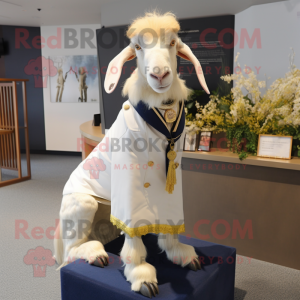 Cream Boer Goat mascot costume character dressed with a Sheath Dress and Lapel pins