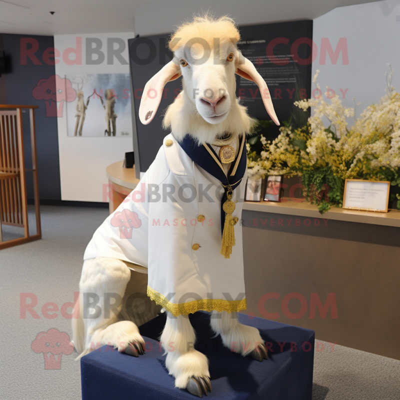 Cream Boer Goat mascot costume character dressed with a Sheath Dress and Lapel pins Cream Boer Goat mascot costume character dressed with a Sheath Dress and Lapel pins
