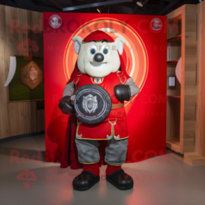 Red Celtic Shield mascot costume character dressed with a Dungarees and Wallets