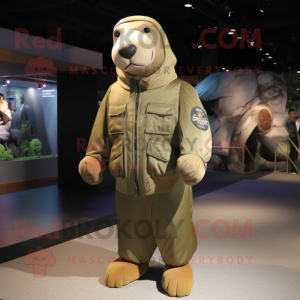 Olive Walrus mascot costume character dressed with a Bomber Jacket and Backpacks