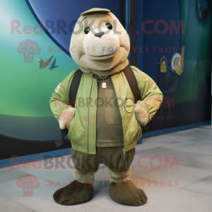 Olive Walrus mascot costume character dressed with a Bomber Jacket and Backpacks