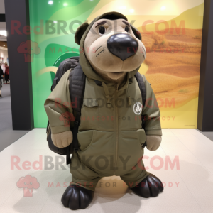 Olive Walrus mascot costume character dressed with a Bomber Jacket and Backpacks