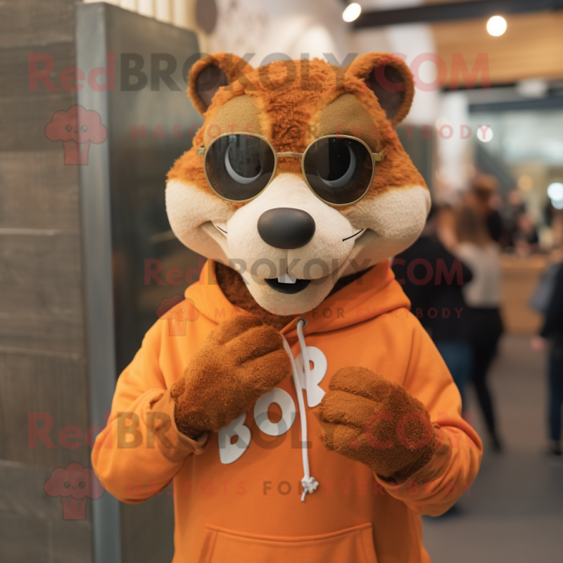 Rust Weasel mascot costume character dressed with a Sweatshirt and Eyeglasses Rust Weasel mascot costume character dressed with a Sweatshirt and Eyeglasses