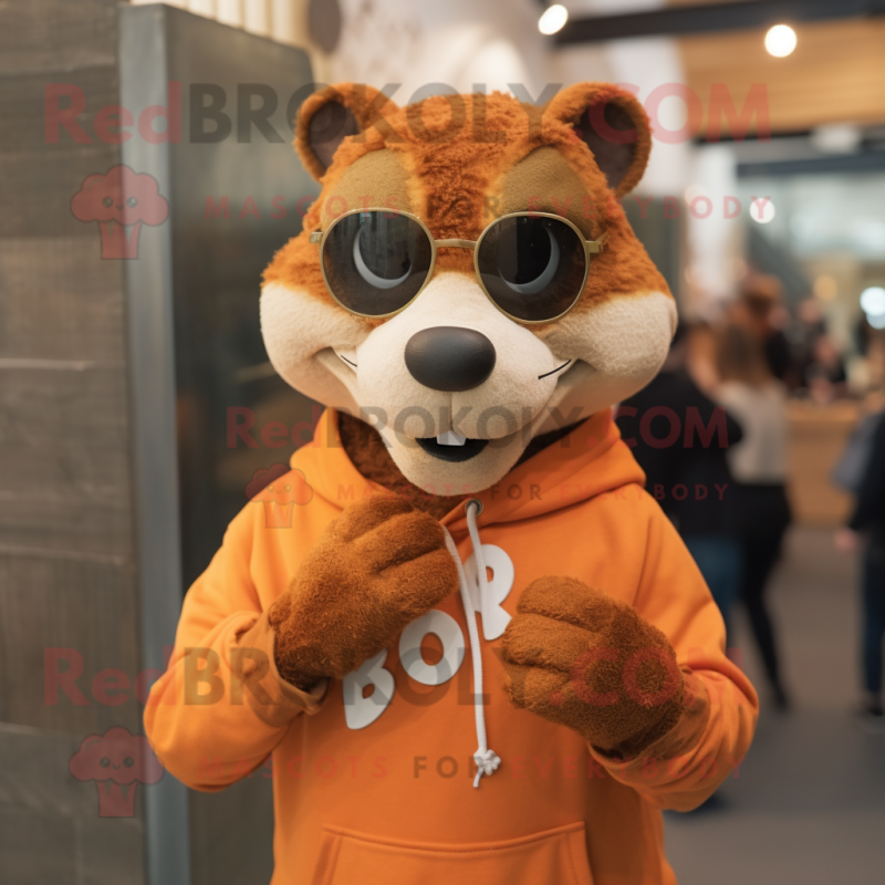 Rust Weasel mascot costume character dressed with a Sweatshirt and Eyeglasses