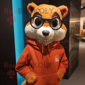 Rust Weasel mascot costume character dressed with a Sweatshirt and Eyeglasses