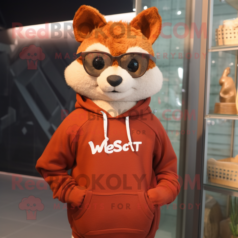 Rust Weasel mascot costume character dressed with a Sweatshirt and Eyeglasses