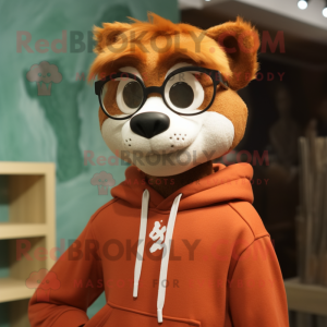 Rust Weasel mascot costume character dressed with a Sweatshirt and Eyeglasses