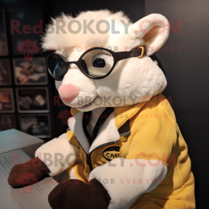 Cream Weasel mascot costume character dressed with a Bomber Jacket and Reading glasses