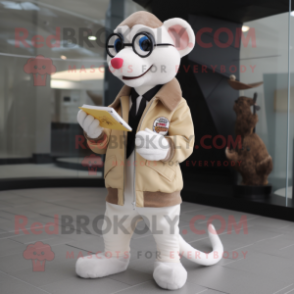 Cream Weasel mascot costume character dressed with a Bomber Jacket and Reading glasses