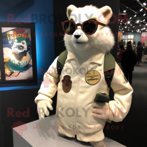 Cream Weasel mascot costume character dressed with a Bomber Jacket and Reading glasses