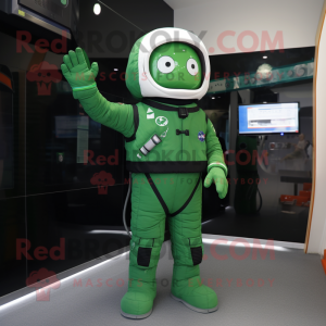 Forest Green Astronaut mascot costume character dressed with a Waistcoat and Gloves