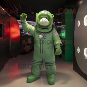 Forest Green Astronaut mascot costume character dressed with a Waistcoat and Gloves