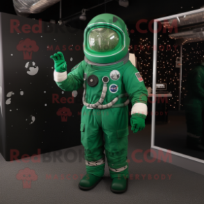 Forest Green Astronaut mascot costume character dressed with a Waistcoat and Gloves