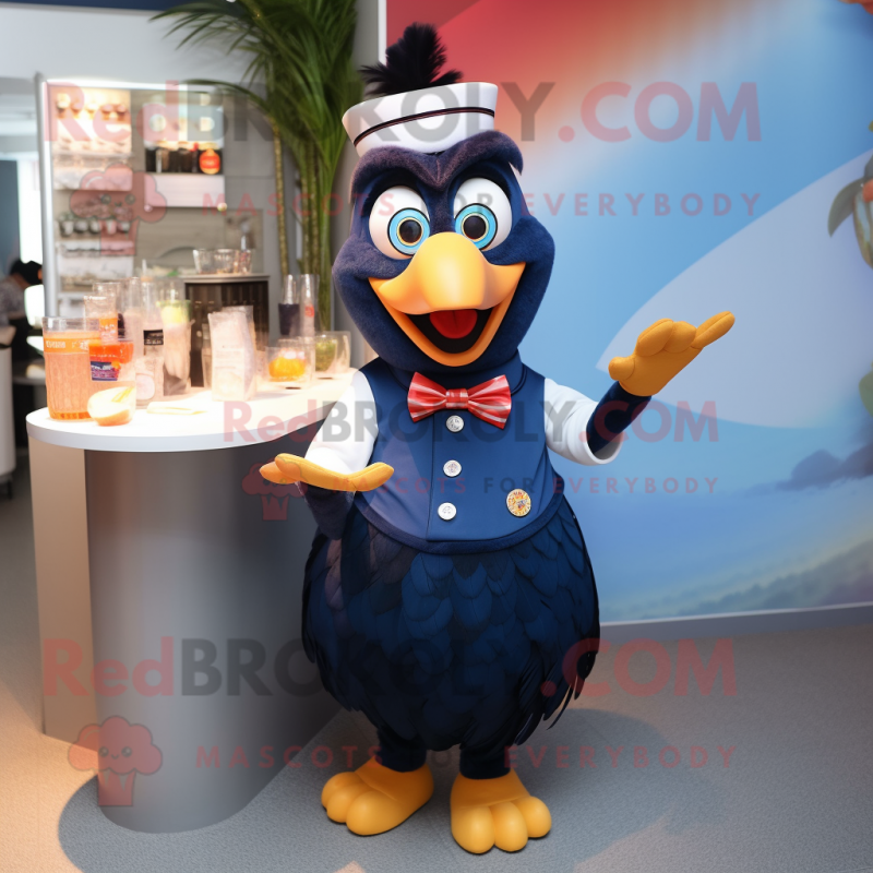 Navy Turkey mascot costume character dressed with a Cocktail Dress and Bracelets Navy Turkey mascot costume character dressed with a Cocktail Dress and Bracelets