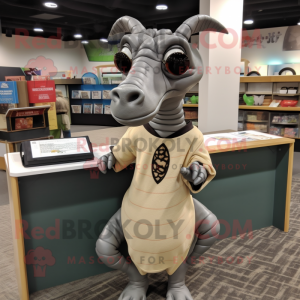 Gray Parasaurolophus mascot costume character dressed with a Sweatshirt and Reading glasses