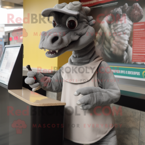 Gray Parasaurolophus mascot costume character dressed with a Sweatshirt and Reading glasses