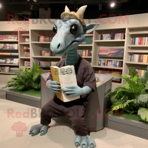 Gray Parasaurolophus mascot costume character dressed with a Sweatshirt and Reading glasses