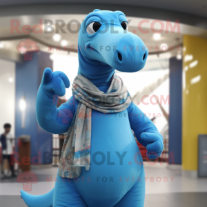Sky Blue Diplodocus mascot costume character dressed with a Cardigan and Rings