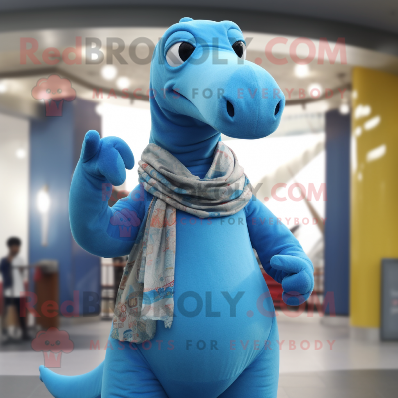 Sky Blue Diplodocus mascot costume character dressed with a Cardigan and Rings