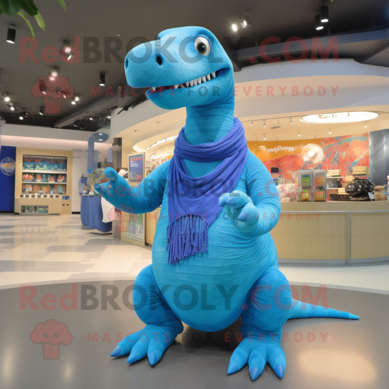 Sky Blue Diplodocus mascot costume character dressed with a Cardigan and Rings