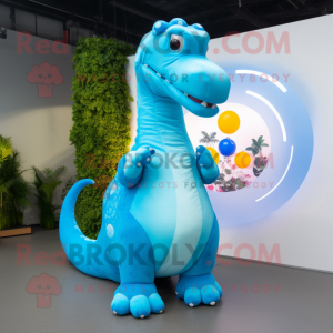 Sky Blue Diplodocus mascot costume character dressed with a Cardigan and Rings