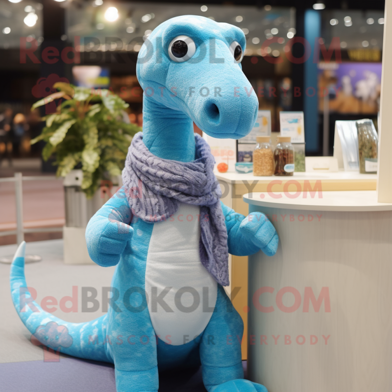 Sky Blue Diplodocus mascot costume character dressed with a Cardigan and Rings