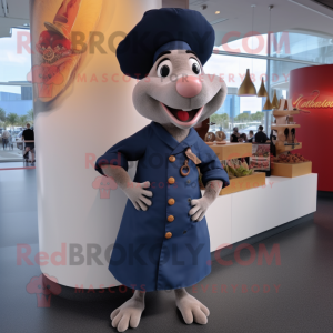 Navy Ratatouille mascot costume character dressed with a Yoga Pants and Hat pins