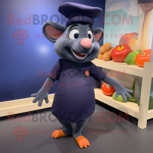 Navy Ratatouille mascot costume character dressed with a Yoga Pants and Hat pins